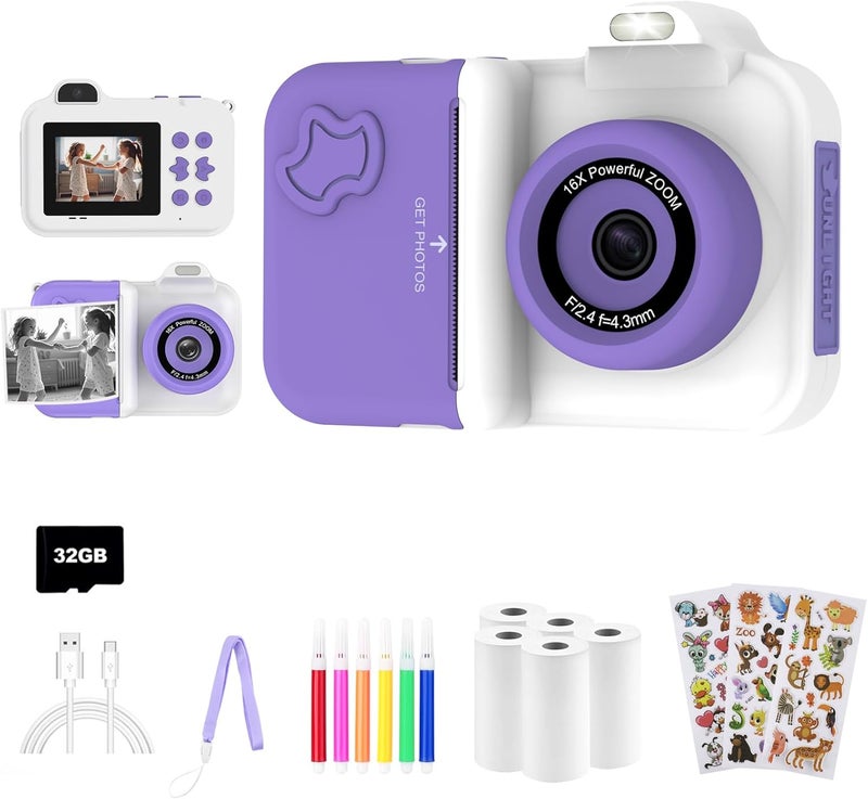 MISIRUN Kids Camera Instant Print, Christmas Birthday Gifts Toys for Girls Boys Age 4 5 6 7 8 9 10 11 12 Years Old,1080P HD Dual-Lens Selfie Digital Camera with 5 Rolls Print Paper Stickers Pens & 32G Card - Image 1